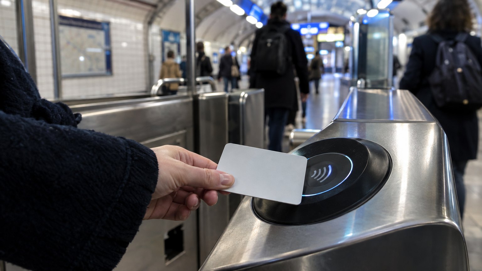 Main tenant une carte sans contact vierge devant le lecteur d’un portillon de métro, avec des voyageurs flous dans le couloir de la station (image d’illustration).