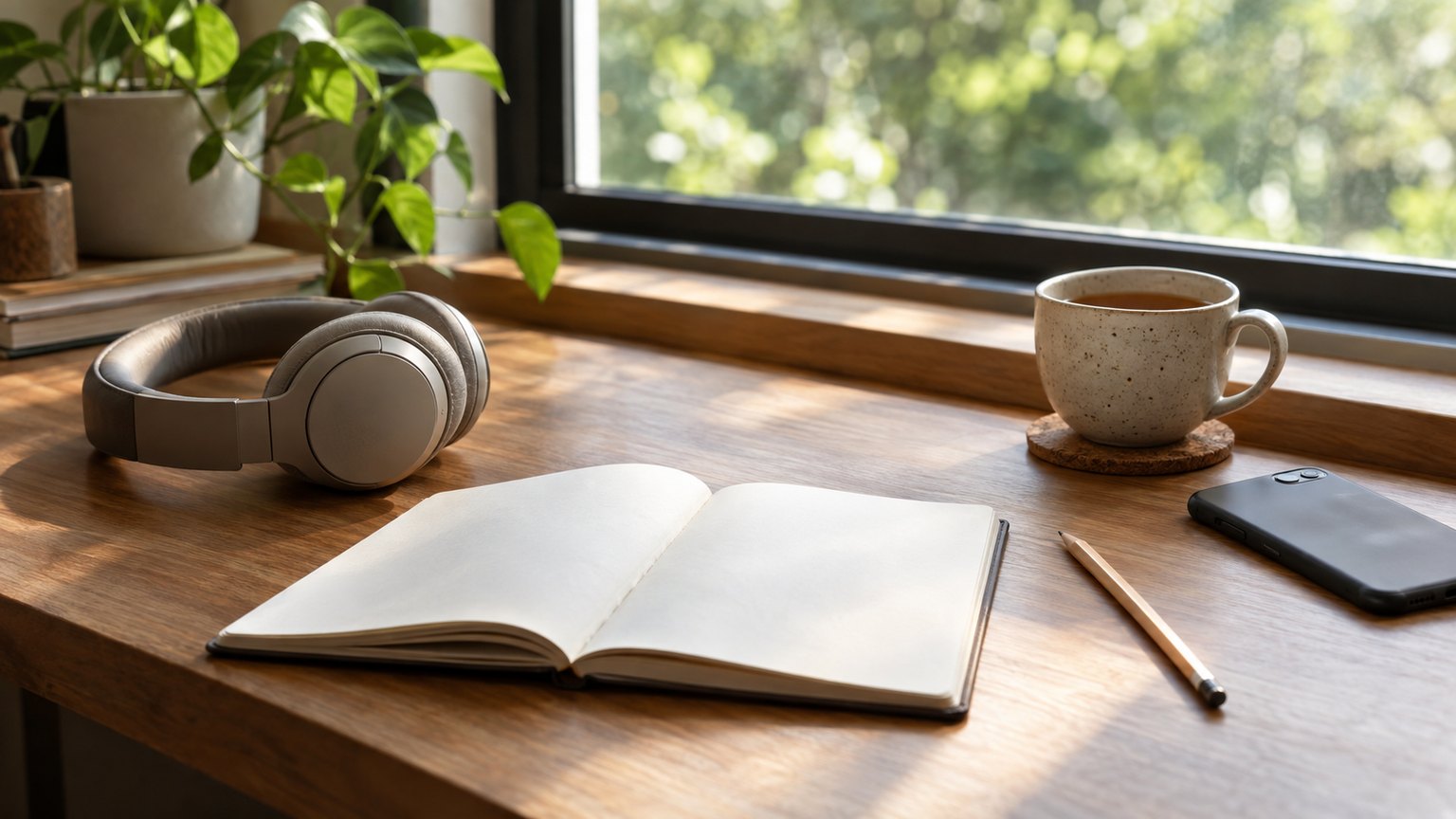 Casque audio posé sur un bureau en bois près d’une fenêtre, à côté d’un carnet ouvert, d’un crayon, d’une tasse de thé et d’un smartphone retourné, dans une lumière douce du matin.