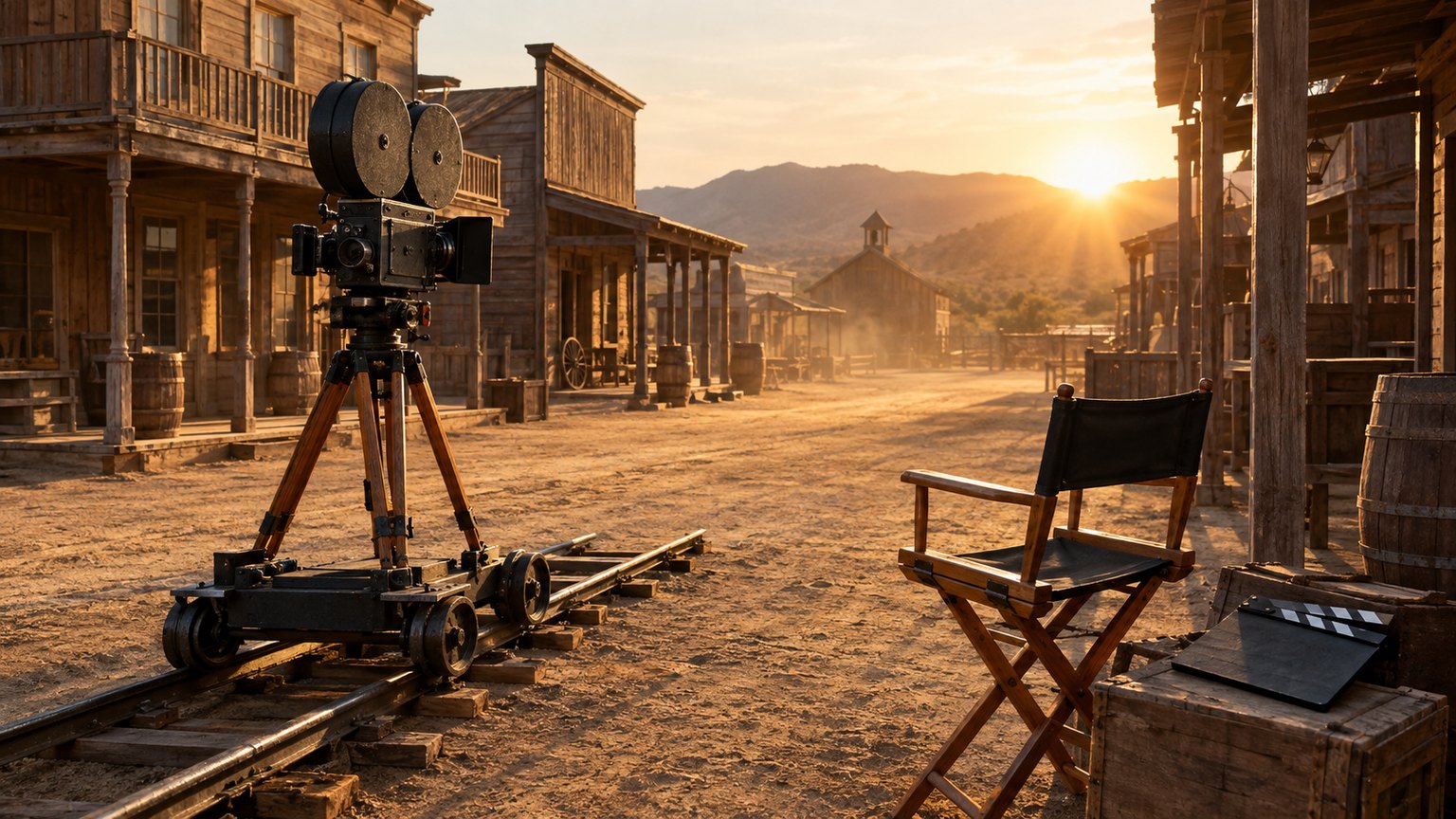 Rue de western déserte dans un studio hollywoodien au coucher du soleil, avec une caméra de cinéma ancienne sur rails de travelling, une chaise de réalisateur et un clap posé sur une caisse en bois.