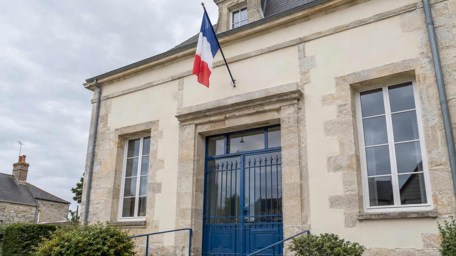 Façade en pierre claire d’un bâtiment public dans une petite ville de Normandie, avec un drapeau tricolore au-dessus d’un portail bleu (image d’illustration).