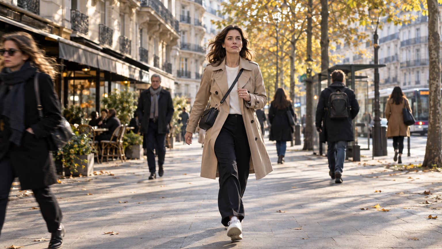 Une femme en trench beige et baskets blanches marche d’un pas rapide sur un large trottoir bordé d’immeubles haussmanniens et de platanes aux feuilles jaunies, entourée de piétons plus lents.