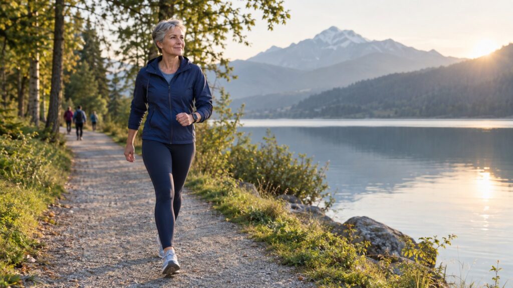 Une femme d’une cinquantaine d’années aux cheveux gris courts, en veste bleu marine et baskets, marche d’un pas vif sur un sentier de gravier au bord d’un lac alpin, montagnes enneigées et soleil du matin en arrière-plan.