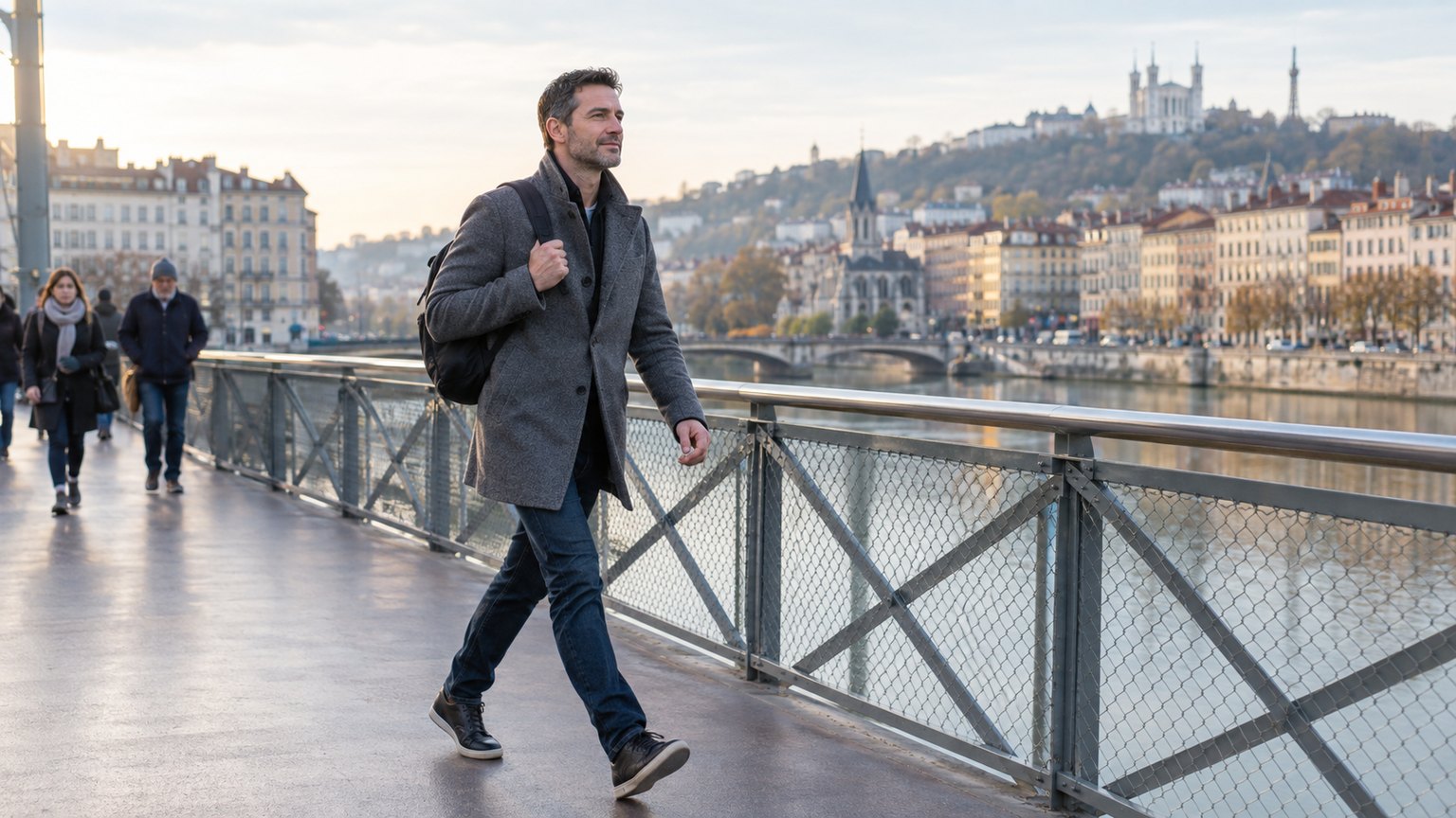 Un homme d’une quarantaine d’années en manteau gris et sac à dos marche d’un pas rapide et assuré sur une passerelle au-dessus de la Saône à Lyon, avec la colline de Fourvière et des passants plus lents en arrière-plan.