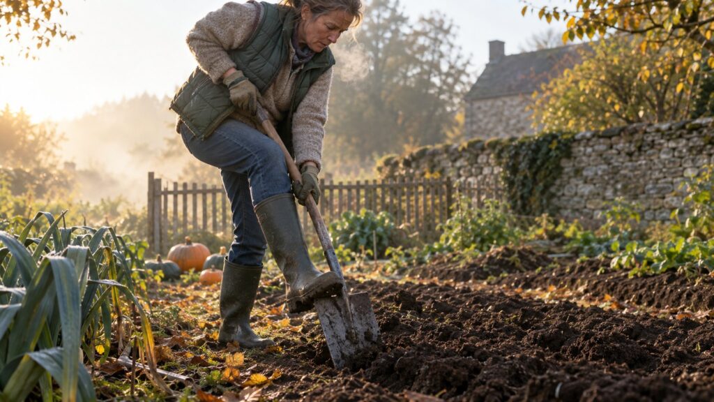 Une femme en gilet vert et bottes de caoutchouc enfonce une bêche dans la terre fraîchement retournée d’un potager, par un matin d’automne ensoleillé, avec des poireaux et des citrouilles en arrière-plan.