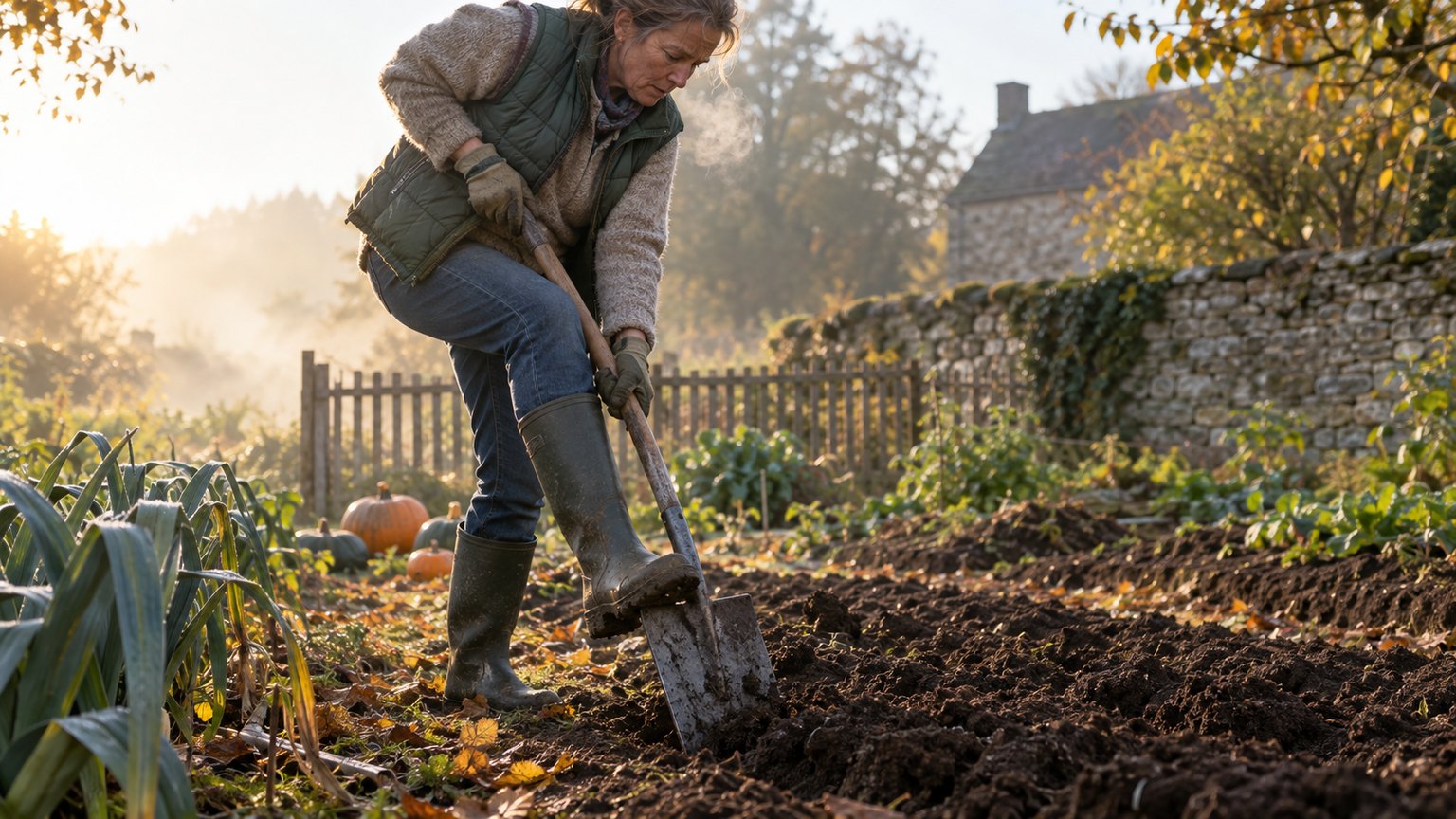 Une femme en gilet vert et bottes de caoutchouc enfonce une bêche dans la terre fraîchement retournée d’un potager, par un matin d’automne ensoleillé, avec des poireaux et des citrouilles en arrière-plan.
