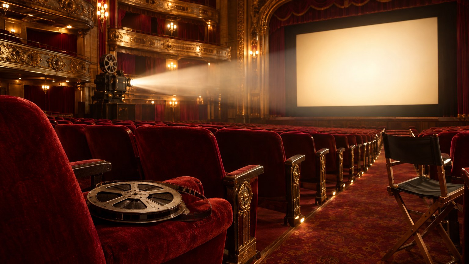 Salle de cinéma vide de style années 1950, avec fauteuils en velours rouge, balcons dorés, un projecteur ancien éclairant l’écran, une bobine de film posée sur un siège et une chaise de réalisateur dans l’allée.