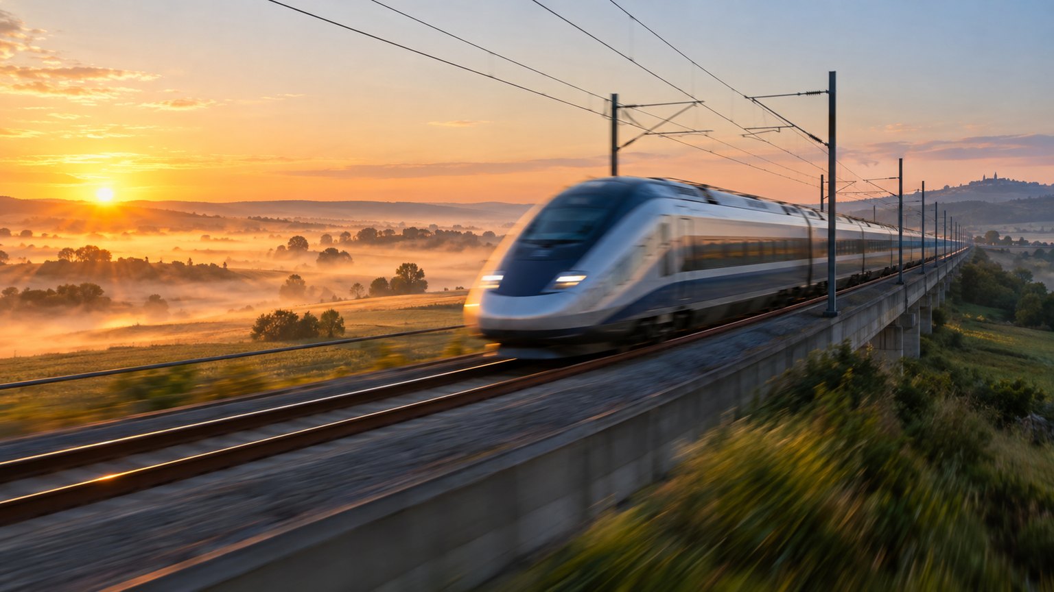 Train à grande vitesse flou par l’effet de vitesse sur un viaduc électrifié, traversant la campagne française brumeuse au lever du soleil (image d’illustration).