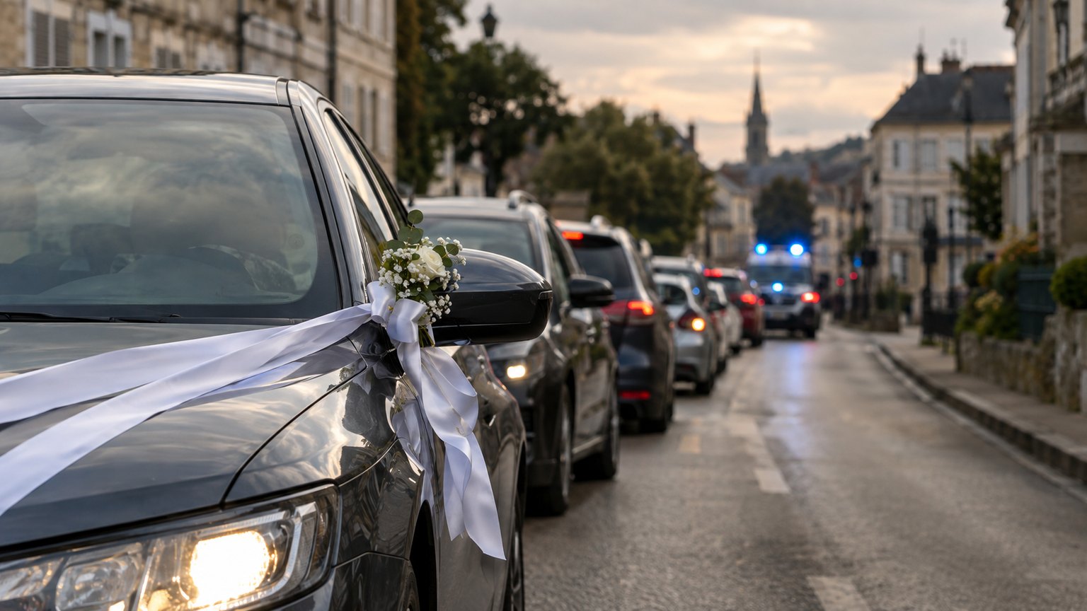 Voiture noire décorée d’un ruban blanc et d’un bouquet de mariage à l’arrêt dans une file de véhicules en ville, avec des gyrophares bleus flous en arrière-plan (image d’illustration).